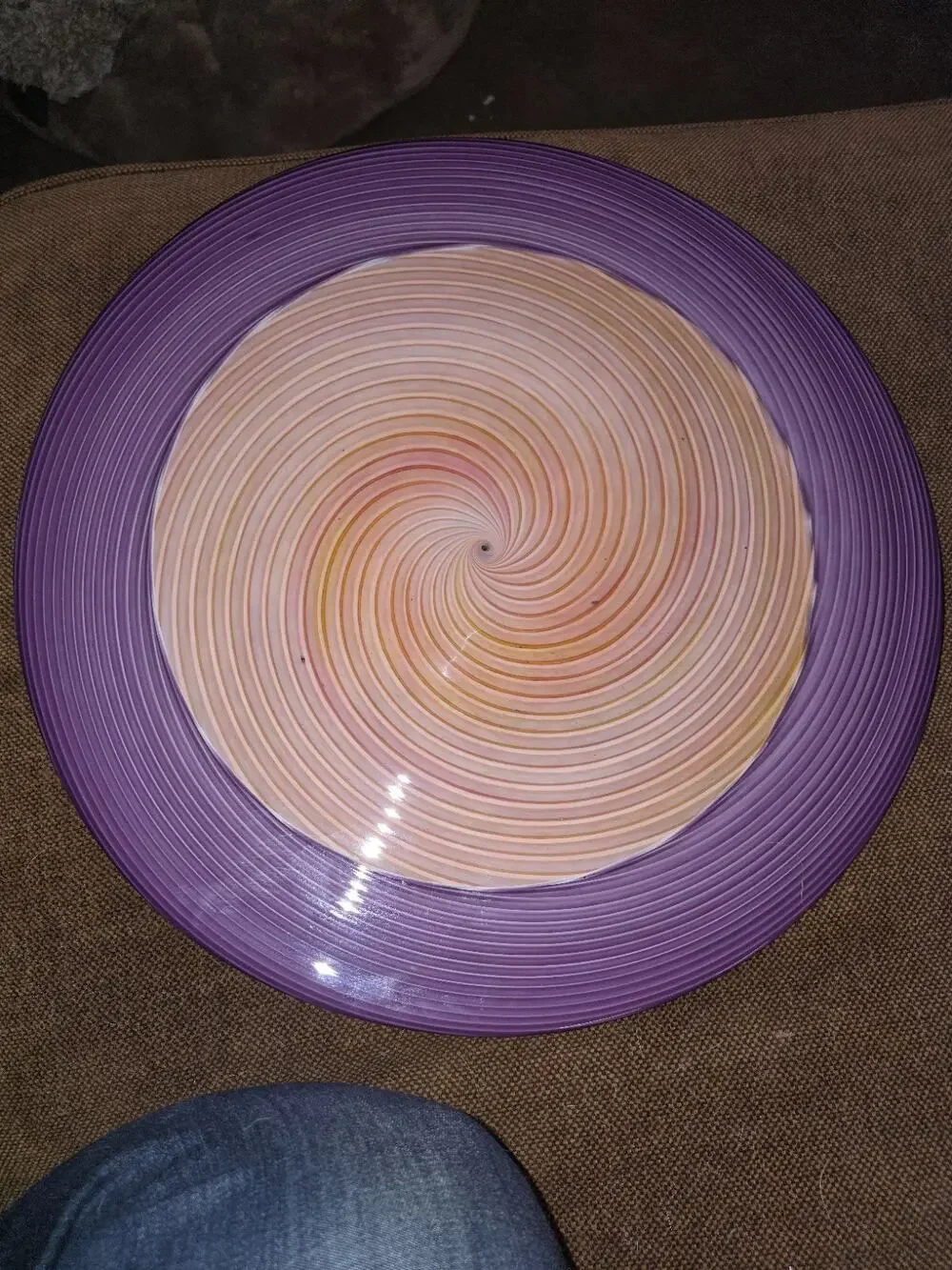 HUGE Signed Church & Maple Art Glass Encalmo Platter 15” Purple Peach Spiral